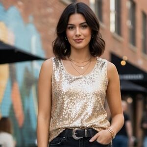 Verve Ami Elegant Beige Embellished Sequin Tank Top Sparkly Elegant Vibe - SZ M